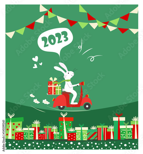 Christmas and New Year background. Xmas pine fir lush tree. White Rabbit with chistmas gifts box runs on motorbike. Winter holiday composition. Greeting card, banner, poster. Vector illustration.