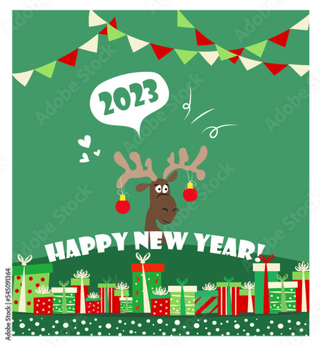 Christmas and New Year background. Xmas pine fir lush tree. Deer with chistmas ball and gifts box. Bright Winter holiday composition. Greeting card, banner, poster. Vector illustration.
