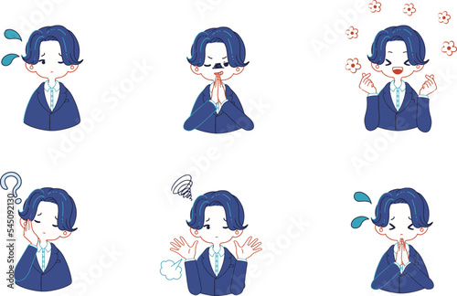 スーツ姿の人物の様々な表情のイラストセット