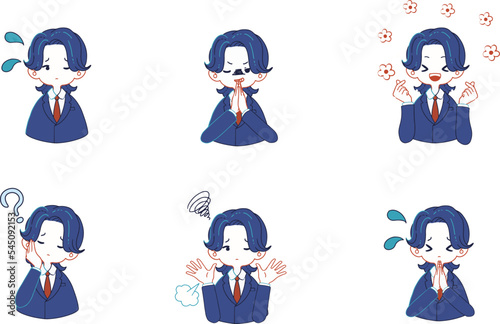 スーツ姿の人物の様々な表情のイラストセット