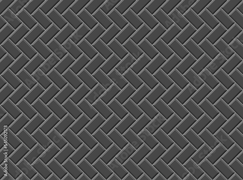 Black seamless brick wall. Herring bone tiles. Kitchen background. Ceramic pattern. Apron faience texture. Subway backdrop. Vintage metro brickwall. Cement stone backsplash. Vector illustration