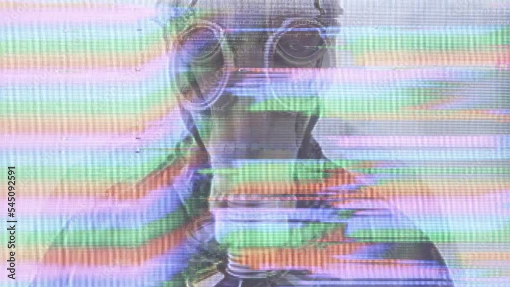 Man wearing gasmask and suit outdoors Man wearing gasmask and suit outdoors