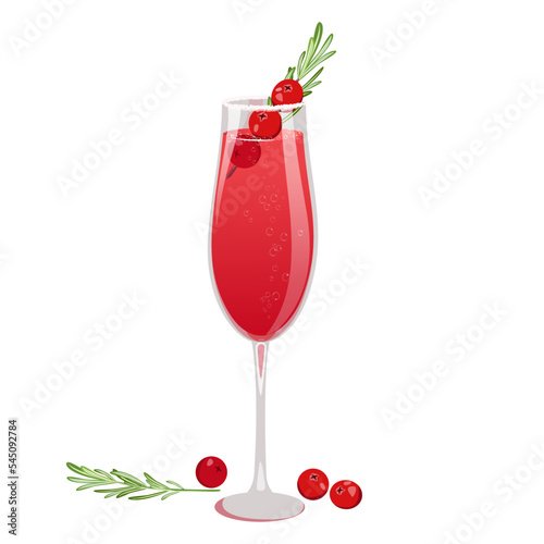 Christmas cranberry mimosa.New Year's cocktail with cranberries and rosemary in a champagne glass.Winter cocktail, punch.
