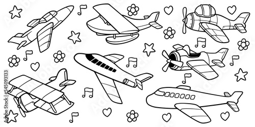 Hand drawn set of kid airplane toy isolated on white background.