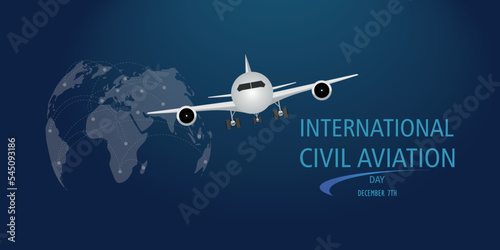 International Civil Aviation Day. White airplane on blue background and map with flight connections.