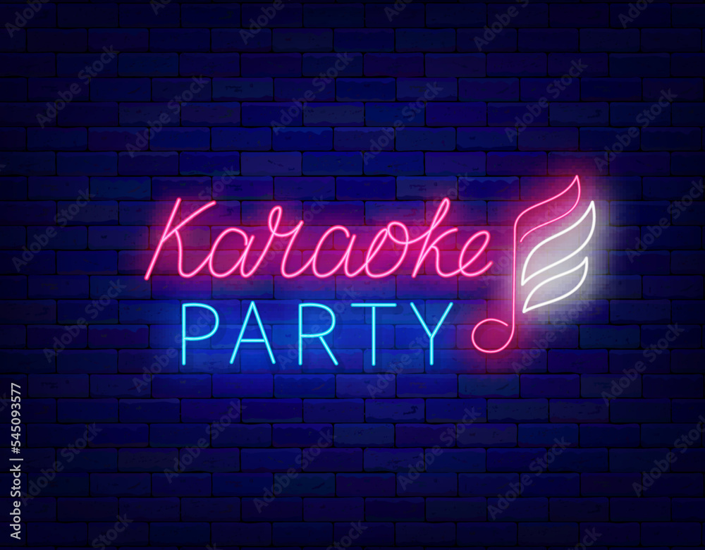 Karaoke party neon label on brick wall. Music note with wings. Talent show. Light sign. Vector stock illustration Karaoke party neon label on brick wall. Music note with wings. Talent show. Light sign. Vector stock illustration