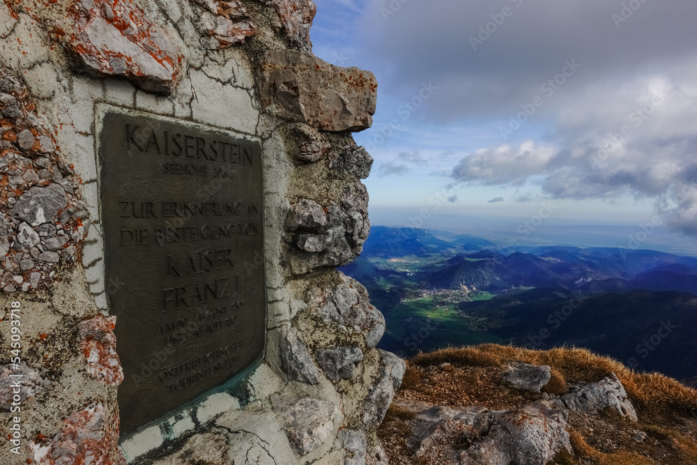 memorial stone from the old emperor of austria on the top of the  highest mountain of austria detail