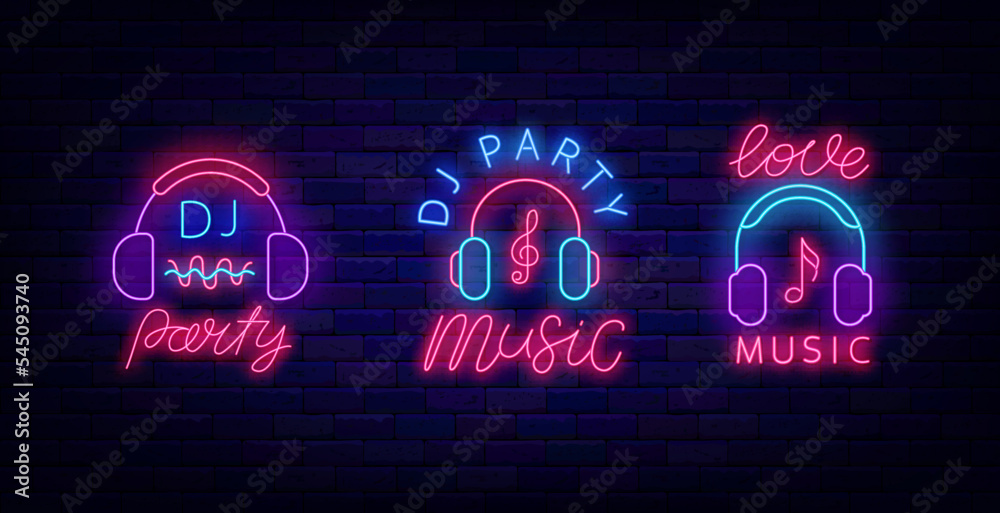 Dj party neon labels collection. Love music badge. Shiny advertisings. Headphone and notes. Vector stock illustration