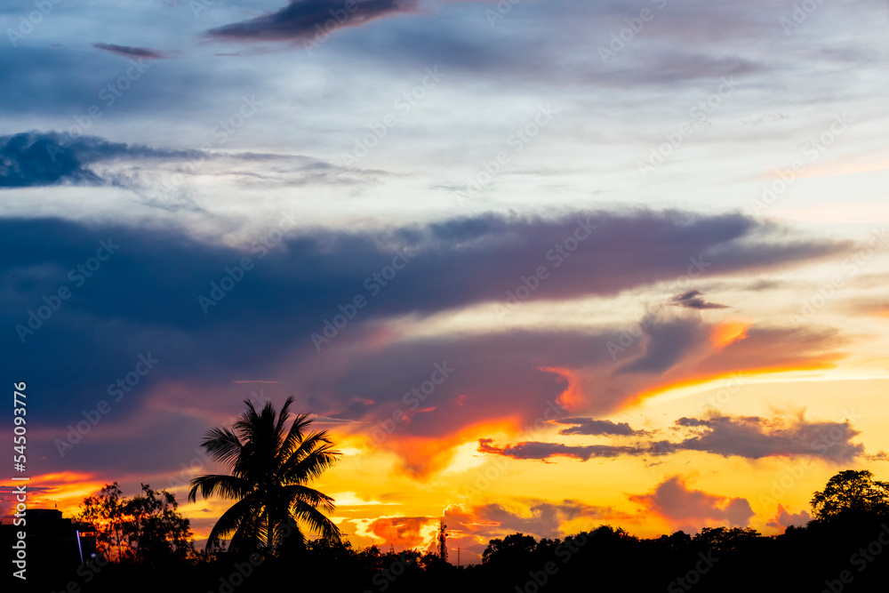 Silhouette of an urban city, tree and beautiful cloud formation at sunset