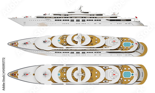 large long luxury yacht side and top view isolated. 3d rendering photo