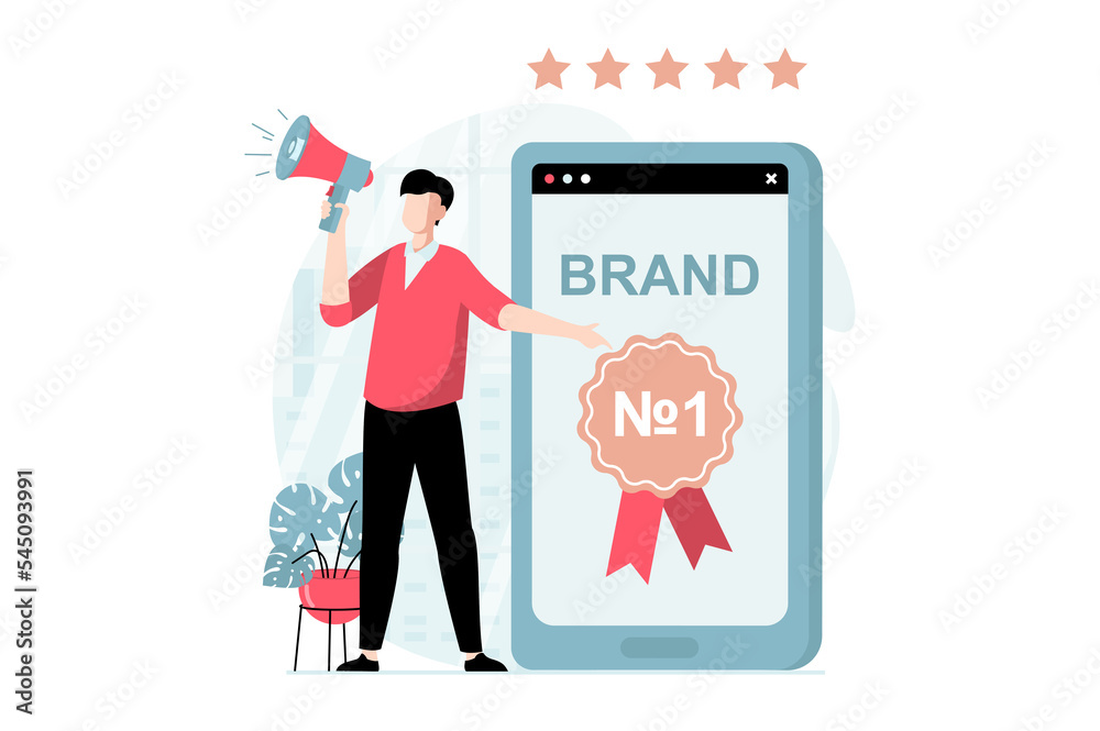 Branding team concept with people scene in flat design. Man with megaphone promoting new brand and makes advertising campaign in mobile apps. Illustration with character situation for web Branding team concept with people scene in flat design. Man with megaphone promoting new brand and makes advertising campaign in mobile apps. Illustration with character situation for web