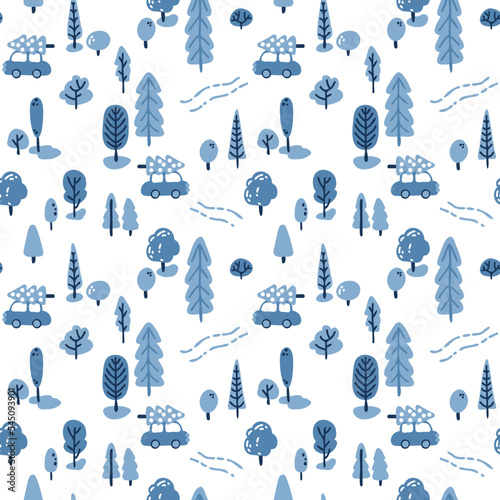 Vector blue Christmas background. Car with pine on the roof moving throught the forest. Scandinavian pattern