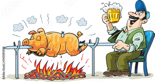 Man roasts a whole pig over a fire. Cartoon vector illustration.