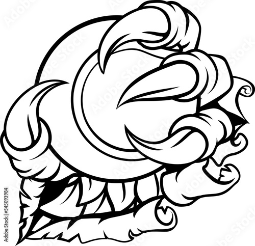 A claw with talons holding a tennis ball. Could be a monster like a dragon or dinosaur or perhaps bird like an eagle or hawk. Ripping or tearing through the background.