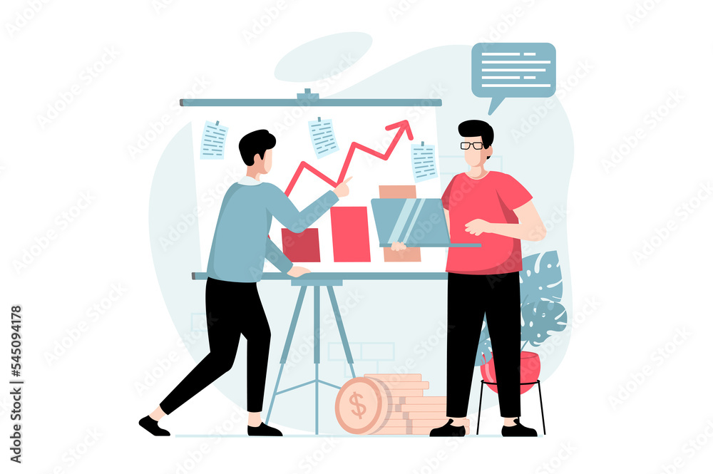 Business making concept with people scene in flat design. Men analyzing financial data, planning strategy and developing company at meeting. Illustration with character situation for web