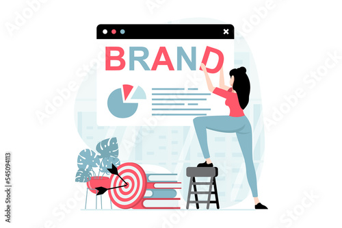 Branding team concept with people scene in flat design. Woman planning business strategy, targeting and online promotion for startup or new brand. Illustration with character situation for web