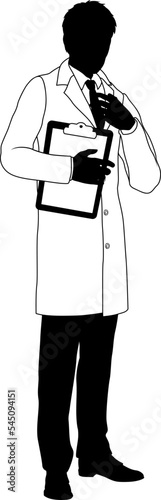 Silhouette person scientist, engineer or professor man in a lab coat. Holding clipboard checklist. Possibly performing experiment or surveying. Alternatively a chemist, science teacher or pharmacist.