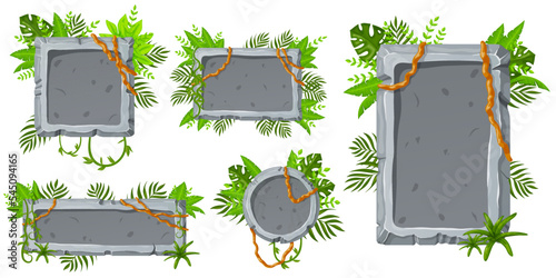 Jungle stone board set with liana branches and tropical leaves.. Stone banner elements for game and web in cartoon style.