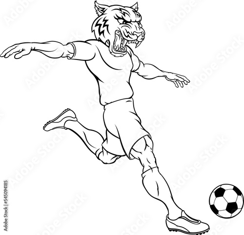 A tiger soccer football player cartoon animal sports mascot kicking the ball