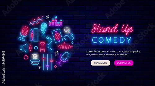 Stand up Comedy neon flyer. Website landing page template. Glowing circle layout with icons. Vector illustration photo