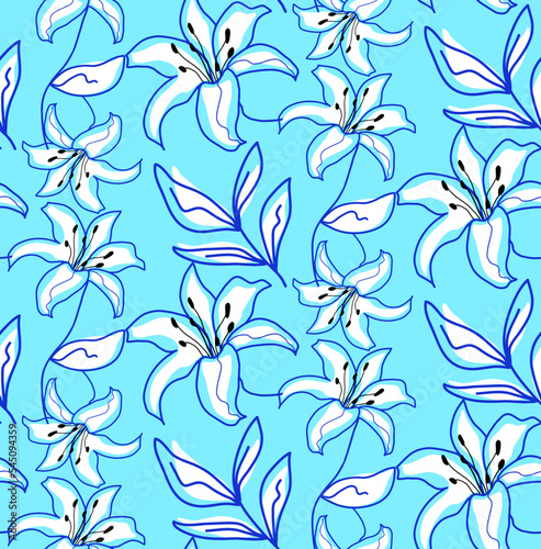 Abstract Hand Drawing Exotic Tropical Lily Hibiscus Flowers and Leaves Seamless Vector Pattern Isolated Background