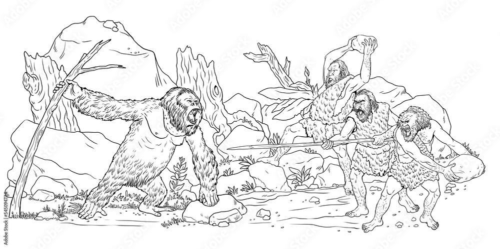 Prehistoric people fight with gigantic ape. Neanderthals vs primate gigantopithecus. Coloring template.
