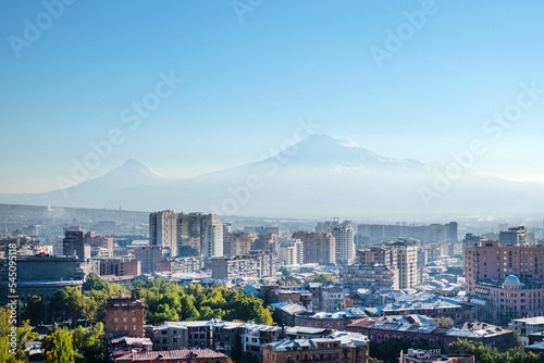 City skyline of Yerevan with Ararat mountain on the background.