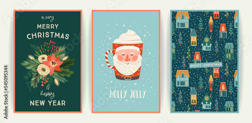 Set of Christmas and Happy New Year cards. Cute bright illustrations witn New Year symbols.. Vector designs.