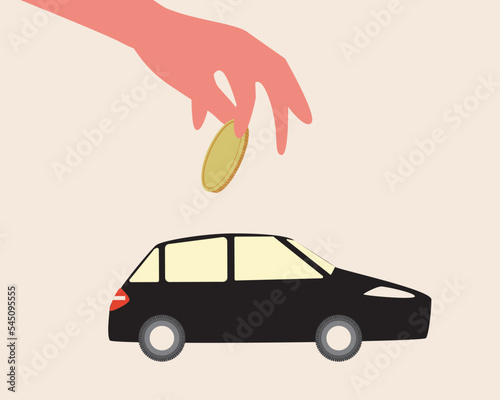Car maintenance fee, coin in hand, flat vector stock illustration insulated for design