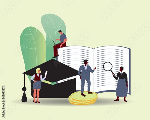 Concept of education in higher education, people get educated, flat windy stock illustration with leaves isolated