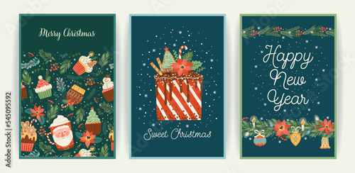 Set of Christmas and Happy New Year cards. Cute bright illustrations witn New Year symbols.. Vector designs.