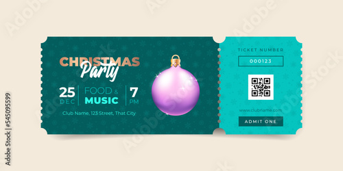Christmas Party ticket template. Winter illustration of a Christmas ball on a teal background of snowflakes. Vector 10 EPS.
