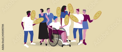 Inclusive group of people with euro coin isolated, flat vector stock illustration with businessman and businesswoman