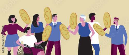 Inclusive people with dollar money or finance, flat vector stock illustration
