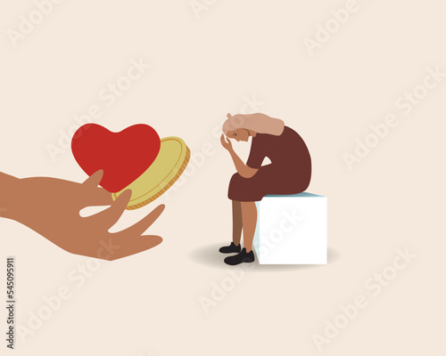Volunteer help for woman in despair, donates for people with financial problem, flat vector stock illustration isolated