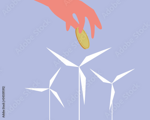 Wind power plant investment concept, flat vector stock illustration with arm and coin insulated for design