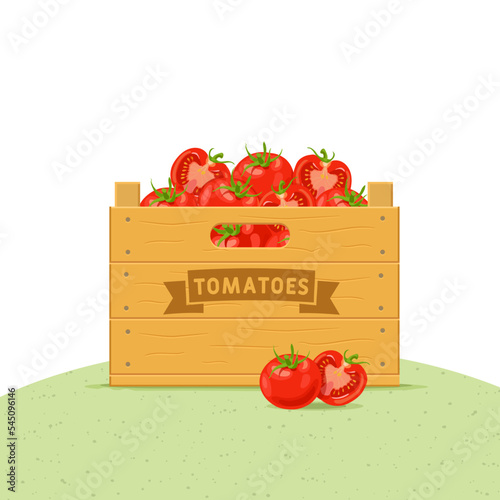 Wooden box with tomatoes on a green hill. Vegetable box icon. Vector illustration isolated on white background.