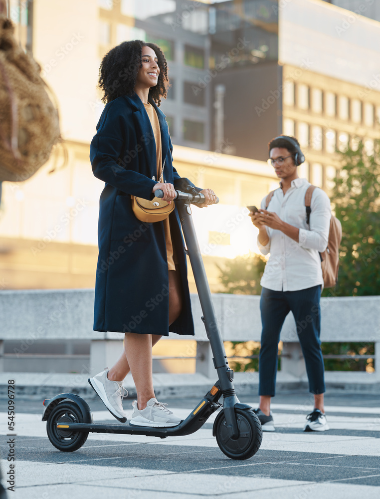 Scooter, city business woman going to work with electric on an outdoor street