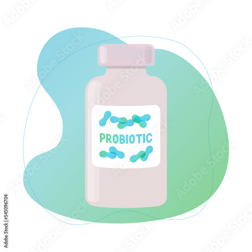 Probiotics bottle with bacteria on abstract bacground, mockup.