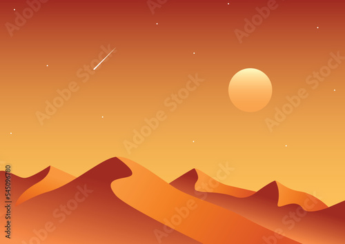 Gold desert in sunset. Sand dunes. Landscape design vector illustration. Middle East desert mountains sandstone background. Sand in nature.