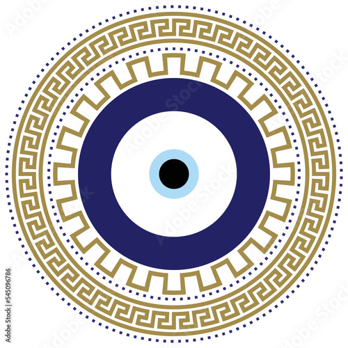 Greek meander Turkish evil eye. Mandala greek evil eye. Symbol of protection in Turkey, Greese, Cyprus. Blue Turkish Fatima's Eye. Amulet from evil eye. Nazar. Magic item, attribute