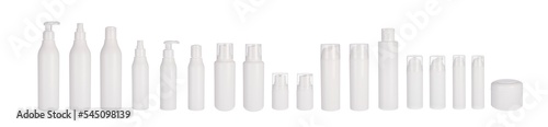 Cosmetic bottles isolated. Set blank cosmetic on transparent background. Design packaging. Skin products, gel, lotion, foam, cream, face care container.