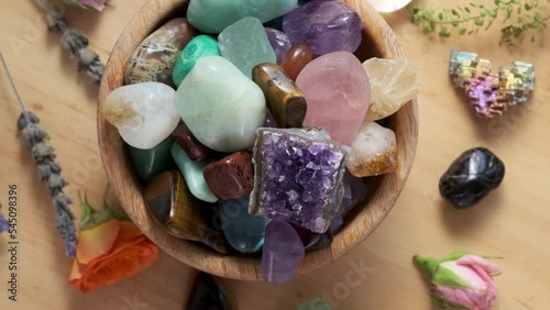wooden bowl with gem stones