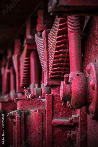 Details of old metal train cars and locomotives. photo