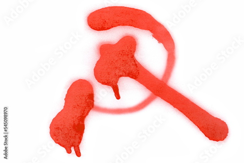 Canvas Print Red spray stain in shape sickle and hammer, symbol isolated on white