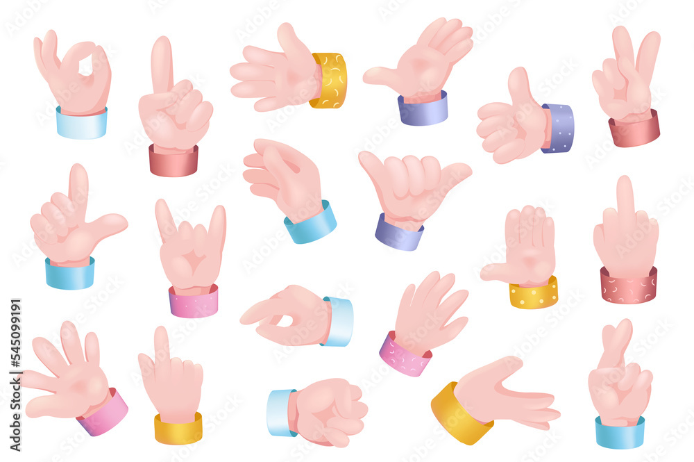 Gesturing hands set graphic concept. Human hands showing different signs - ok, like, call, thumb up, peace, up or down, counting and other. Illustration with 3d realistic objects isolated