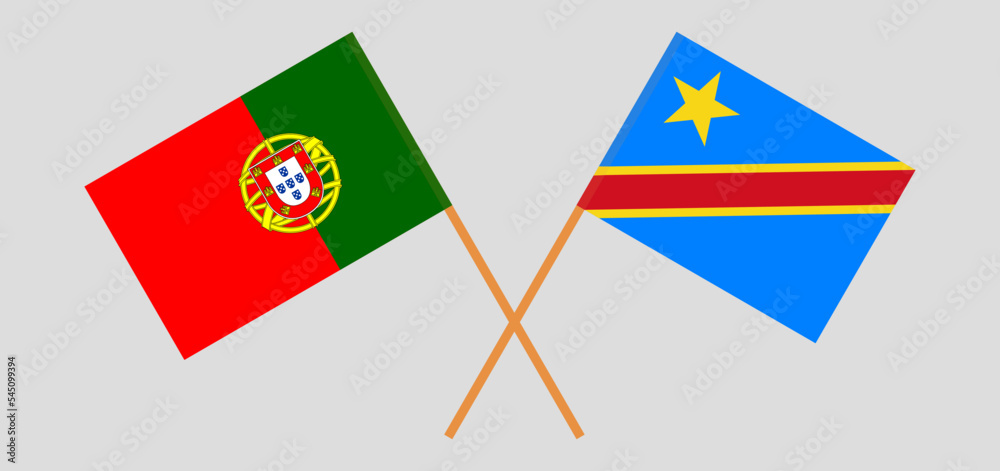Crossed flags of Portugal and Democratic Republic of the Congo. Official colors. Correct proportion Crossed flags of Portugal and Democratic Republic of the Congo. Official colors. Correct proportion