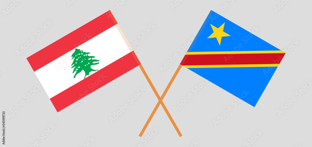 Crossed flags of the Lebanon and Democratic Republic of the Congo. Official colors. Correct proportion