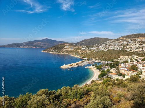 Panoramic view of Kalkan: old town, marina, beach. Antalya Region, Turkey