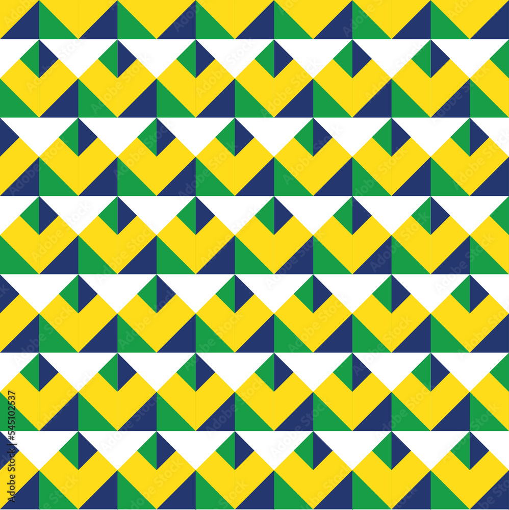 Seamless geometric pattern with triangles. Background pattern in blue, green, yellow color for Brazil Independence Day. Vector illustration.